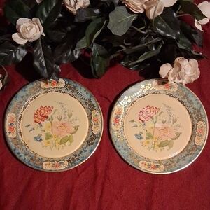 Floral Patterned Plates with Blue and Cream Accents